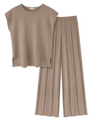 Lounge Sets for Women Two Piece Outfits Knit Cap Sleeve Tops Wide Leg Pleated Pants Casual Dressy Sweater Sets