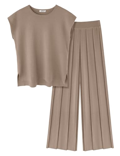 Lounge Sets for Women Two Piece Outfits Knit Cap Sleeve Tops Wide Leg Pleated Pants Casual Dressy Sweater Sets