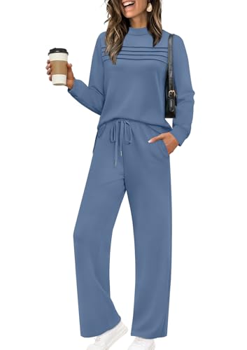 Two Piece Sets for Women Fall Travel Vacation Outfits Long Sleeve Lounge Sets Side Slit Wide Leg Pants S-3XL