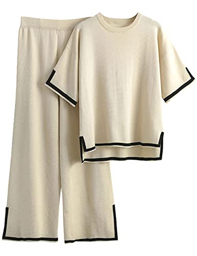 Womens Knit 2 Piece Sweater Sets Short Sleeve Pullover Tops Elastic Waist Wide Leg Pants Lounge Set