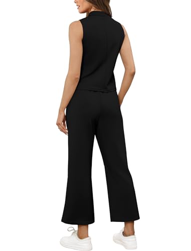 Two Piece Sets for Women Summer Outfits Lounge Sets Mock Neck Tops Wide Leg Crop Pants Vacation Travel Outfits