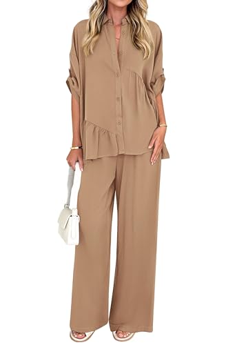 Two Piece Sets for Women Summer Outfits 2025 Dressy Casual Half Sleeve Button Down Shirt Wide Leg Pants Lounge Set