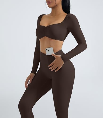 2 Piece Workout Sets for Women Long Sleeve Padded Sports Bra High Waisted Gym Outfits with Pocket