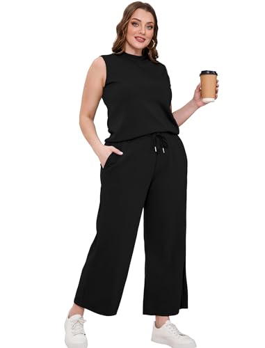 Two Piece Sets for Women Summer Outfits Lounge Sets Mock Neck Tops Wide Leg Crop Pants Vacation Travel Outfits