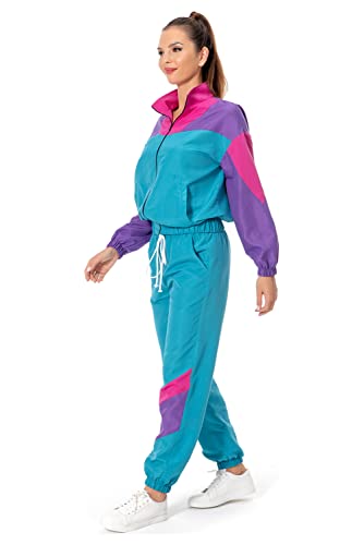 80s Track Suit for Women, 2 Piece Color Block Sweatsuits Neon Outfit Retro Sweatsuits for Themed Party
