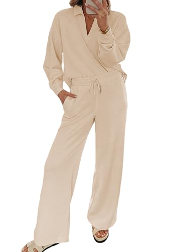 Two Piece Sets for Women Lounge Sets Casual V Neck Sweatshirt and Wide Leg Sweatpants Matching Sets Women Clothing