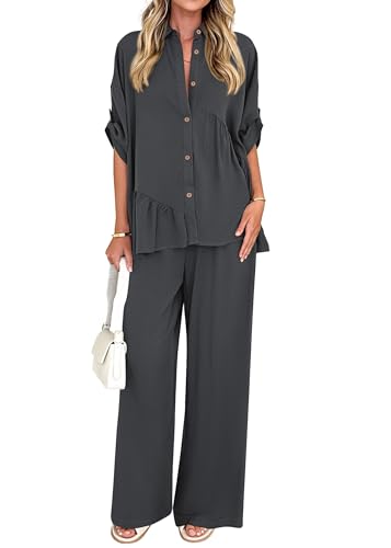 Two Piece Sets for Women Summer Outfits 2025 Dressy Casual Half Sleeve Button Down Shirt Wide Leg Pants Lounge Set