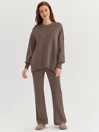 Women 2 Piece Outfits Sweatsuit Oversized Knit Pullover Sweater Tops Wide Leg Pants Lounge Set