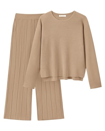 Women's Fall 2 Piece Sweater Set Long Sleeve Knit Pullover Tops High Waist Pleated Wide Leg Pants Lounge Sets