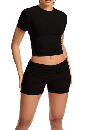 Women Workout 2 Piece sets Short Sleeve Tops Slim Foldover Shorts Matching Gym Outfits Tracksuit