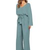 Womens 2 Piece Outfit Set V Neck Long Sleeves Tops High Waisted Paper Bag Pants with Belt