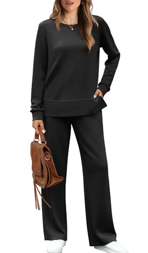 Women's 2 Piece Lounge Sets Sweatshirt Casual Travel Outfits Fashion Wide Leg Tracksuit Cozy Sweatsuits