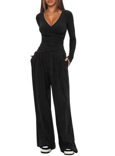 Women's 2 Piece Lounge Fall Outfits Sets Warp V Neck Short/Long Sleeve Shirts and Wide Leg Pants Casual Matching Sets