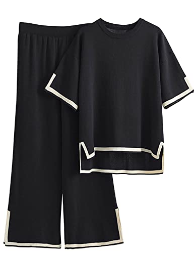 Womens Knit 2 Piece Sweater Sets Short Sleeve Pullover Tops Elastic Waist Wide Leg Pants Lounge Set