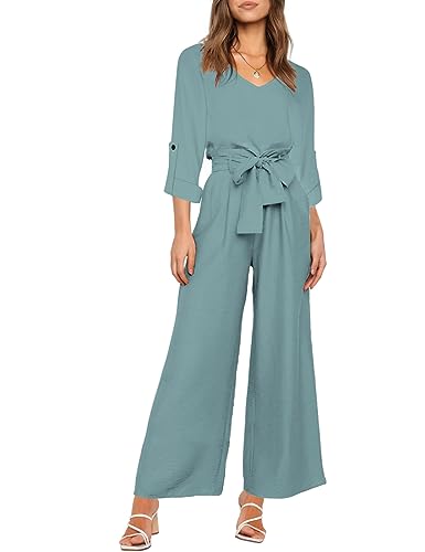 Womens 2 Piece Outfit Set V Neck Long Sleeves Tops High Waisted Paper Bag Pants with Belt