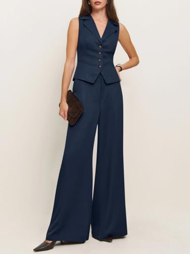 Womens Vest Sets Summer 2 Piece Outfits Button Crop Blazer Vest and Wide Leg Pant Suits