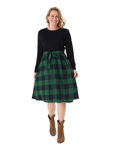 Family Matching Outfits Mommy and Me Dresses Matching Set Long Sleeve Plaid Midi Dress and Casual Button Down Shirts