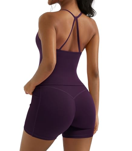 2 Piece Workout Sets for Women Padded Sports Bra Tank Booty Gym Shorts with Pockets