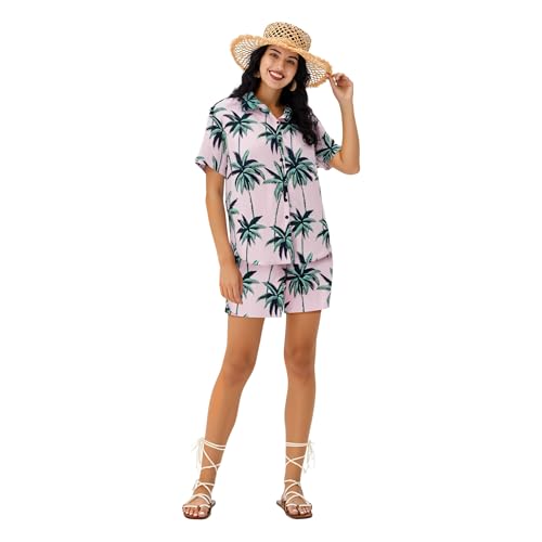 Family Matching Outfits Short Sleeve Button Down Hawaiian Shirt and Short Sets for Men Women Kids with Pockets