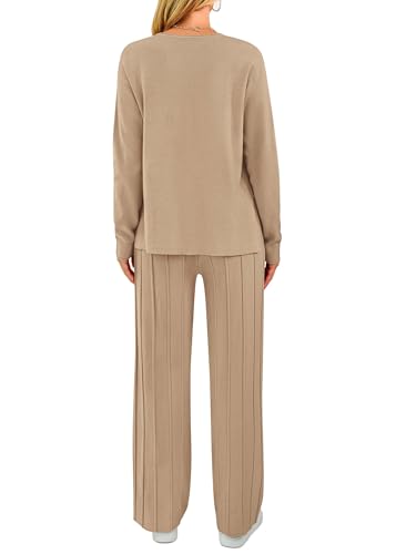 Women's Fall 2 Piece Sweater Set Long Sleeve Knit Pullover Tops High Waist Pleated Wide Leg Pants Lounge Sets