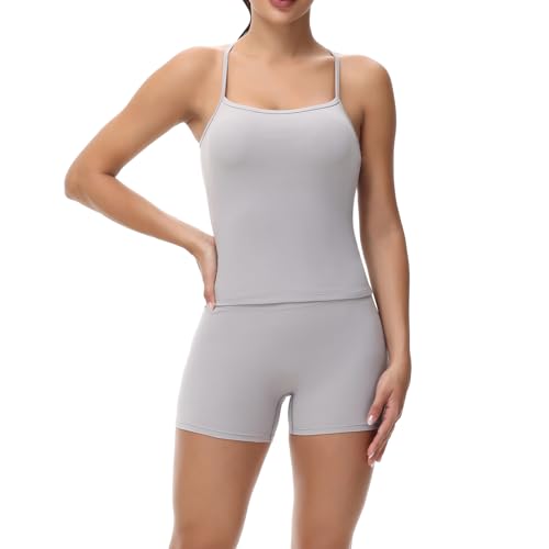 Cute Gym Yoga 2 Piece Outfits Sets for Women Workout Crop Tank Tops Athletic Shorts Lounge Wear Suit Clothes Summer