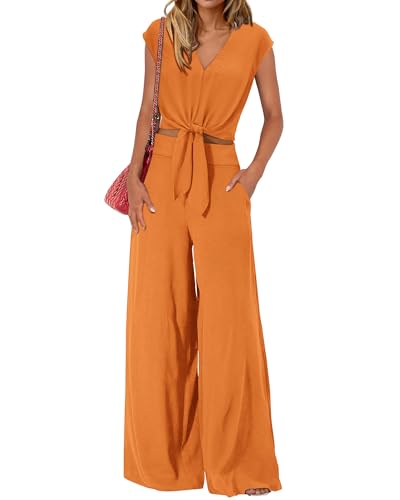 Women's Summer 2 Piece Outfits 2025 Cap Sleeve V Neck Belted Crop Tops Wide Leg Pant Sets Casual Tracksuit