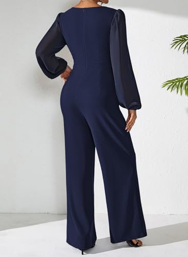 Jumpsuits for Women Dressy Patchwork Chiffon Sleeve V Neck Wide Leg Romper One Piece Trendy Outfits