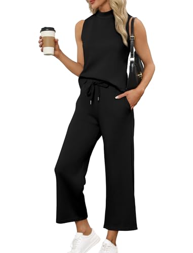 Two Piece Sets for Women Summer Outfits Lounge Sets Mock Neck Tops Wide Leg Crop Pants Vacation Travel Outfits
