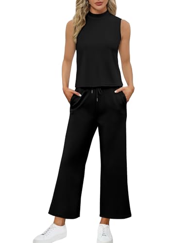 Two Piece Sets for Women Summer Outfits Lounge Sets Mock Neck Tops Wide Leg Crop Pants Vacation Travel Outfits