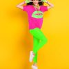 80s Women Costume Set, Lips Print off Shoulder T-shirt, Geometric Legging Pants Earring Necklace Gloves Bracelet