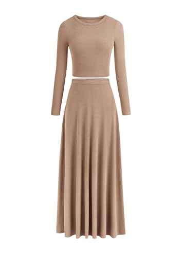 Women's Spring 2 Piece Outfits Dressy Casual Ribbed Knit Long Sleeve Crop Tops Maxi Flowy Skirts Matching Sets