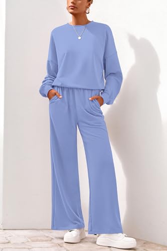 Women 2 Piece Outfits 2025 Fall Sweatsuits Crewneck Sweatshirt Wide Leg Sweatpants Lounge Sets Tracksuit