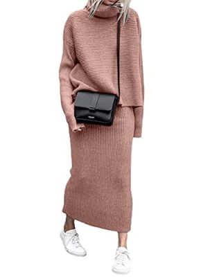 Women's Turtleneck 2 Piece Outfits Ribbed Knit Sweater Midi Pencil Skirt Set