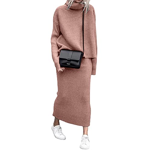 Women's Turtleneck 2 Piece Outfits Ribbed Knit Sweater Midi Pencil Skirt Set