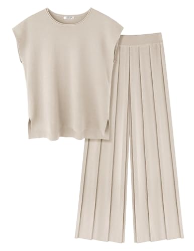 Lounge Sets for Women Two Piece Outfits Knit Cap Sleeve Tops Wide Leg Pleated Pants Casual Dressy Sweater Sets
