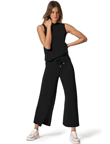 Two Piece Sets for Women Summer Outfits Lounge Sets Mock Neck Tops Wide Leg Crop Pants Vacation Travel Outfits