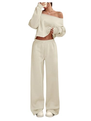 Women's 2 Piece Outfits Fall Sweatsuits Off The Shoulder Crop Top Wide Leg Sweatpants Casual Matching Lounge Sets Pure Apricot