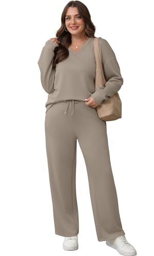 Lounge Sets for Women 2025 V Neck 2 Piece Outfits Airport Wide Leg Pants Matching Set Sweatsuits