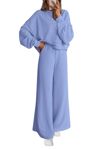 Women 2 Piece Outfits 2025 Fall Sweatsuits Crewneck Sweatshirt Wide Leg Sweatpants Lounge Sets Tracksuit