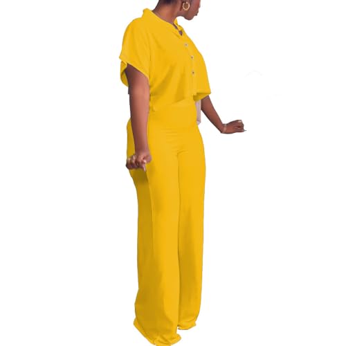 Women's Summer 2 Piece Outfits Casual Tracksuit Short Sleeve Button Down Crop Top Wide Leg Long Pant Lounge Sets