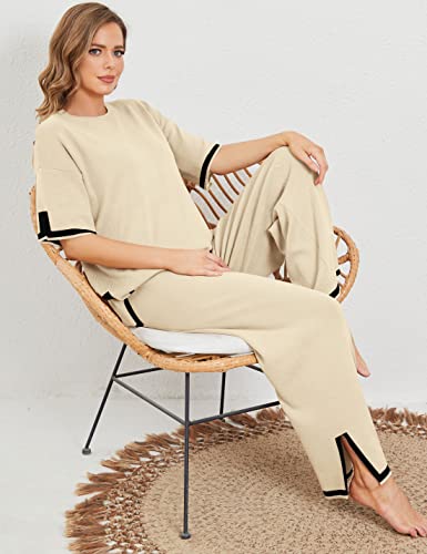 Womens Knit 2 Piece Sweater Sets Short Sleeve Pullover Tops Elastic Waist Wide Leg Pants Lounge Set
