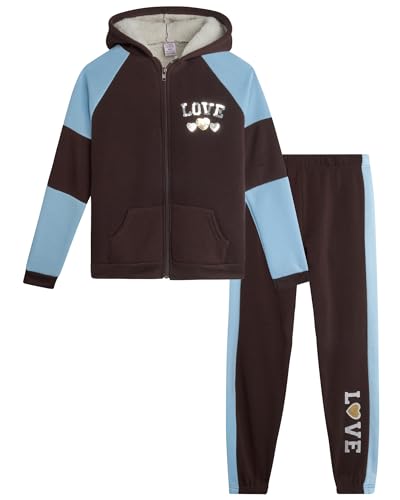 Girls Sweatsuit Set - 2 Piece Zip Up Hoodie Sweatshirt with Sherpa Fleece Lined Hood and Jogger Sweatpants (7-12)