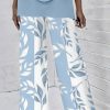 Women's 2 Piece Outfits Green 3/4 Sleeve Double Layer Top and Leaf Print Straight Leg Pants Lounge Set 2025 Trendy