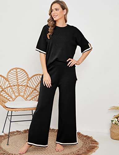 Womens Knit 2 Piece Sweater Sets Short Sleeve Pullover Tops Elastic Waist Wide Leg Pants Lounge Set