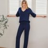 Women's 2 Piece Outfits V Neck Long Sleeve Sweater Pullover Top Wide Leg Pants Sweatsuit Lounge Sets