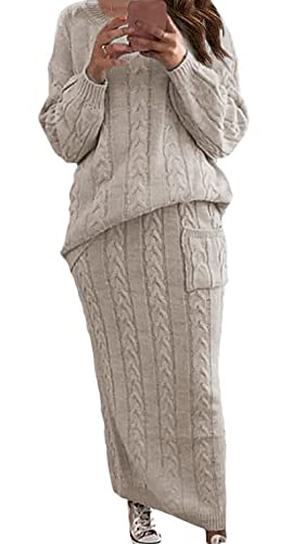 Women's Winter Chunky Cable Knit Long Skirt 2 Piece Outfit Sweater Sets