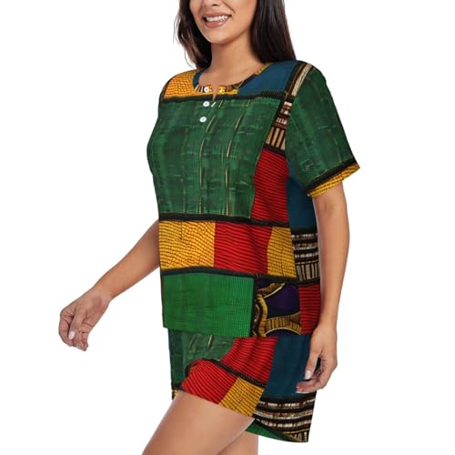 Women'S African Style Patchwork Print Pajamas Set,Womens Pj Sets For Summer,Loungewear Sets With Cooling Fabric