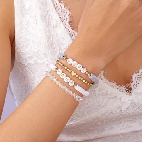 Mama Bracelets for Women Multilayer Polymer Clay Heishi Beaded Stackable Bracelets Set Boho Summer Beach Jewelry Mother's Day