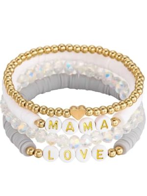 Mama Bracelets for Women Multilayer Polymer Clay Heishi Beaded Stackable Bracelets Set Boho Summer Beach Jewelry Mother's Day
