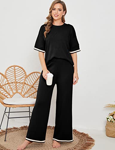 Womens Knit 2 Piece Sweater Sets Short Sleeve Pullover Tops Elastic Waist Wide Leg Pants Lounge Set